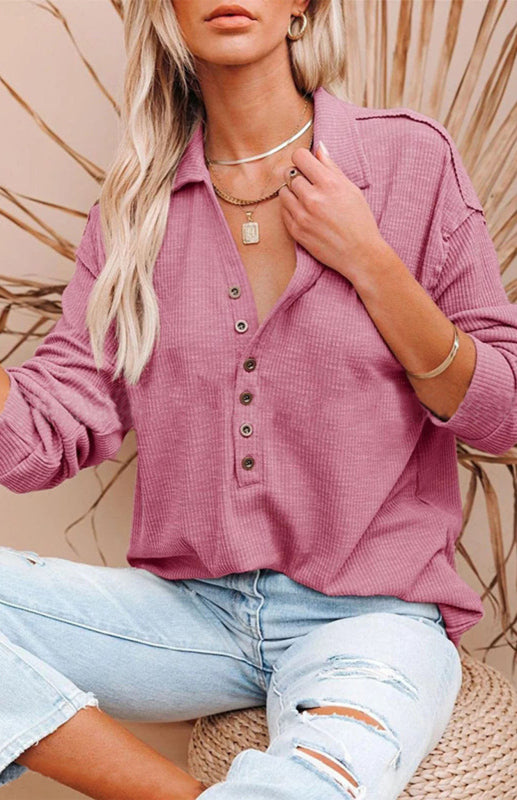 Women's Solid Color Long Sleeve Button Tops