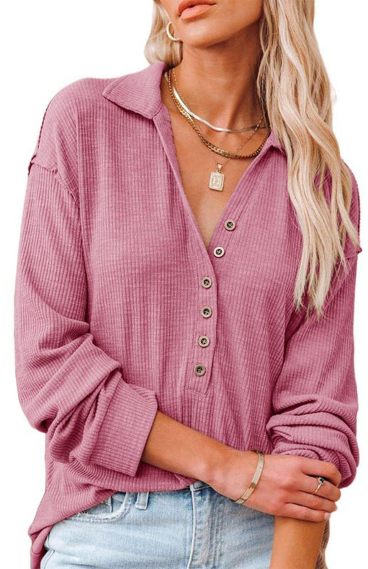 Women's Solid Color Long Sleeve Button Tops