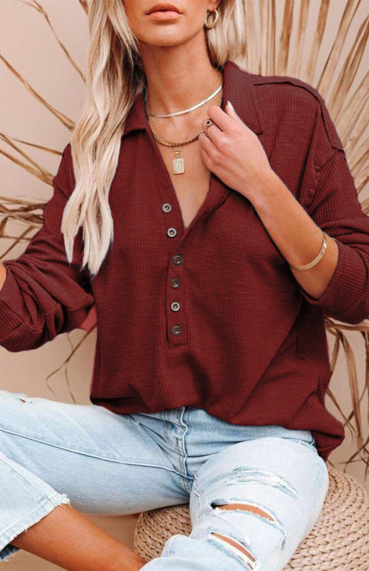 Women's Solid Color Long Sleeve Button Tops