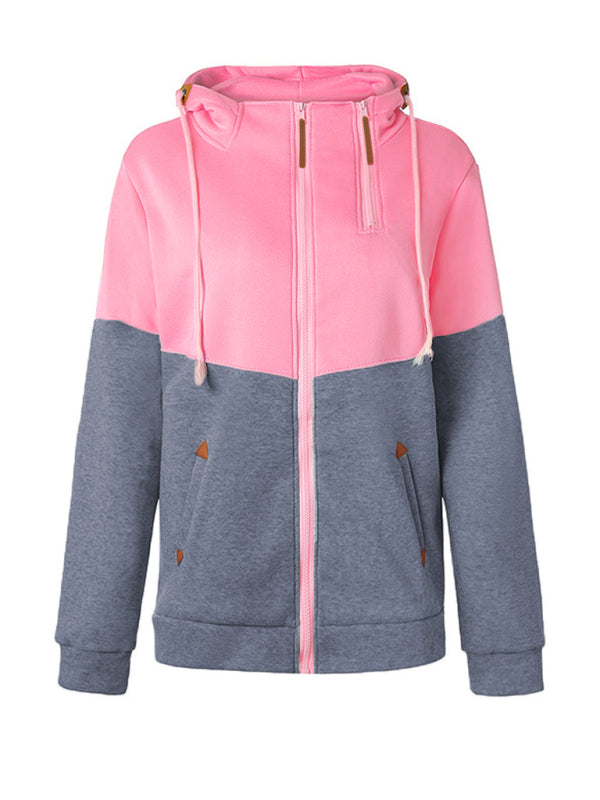 Double Zipper Color Block Hooded Long-Sleeved Plus Velvet Sweatshirt