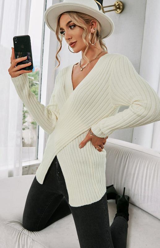 Women's V-Neck Pullover Cross Sweater