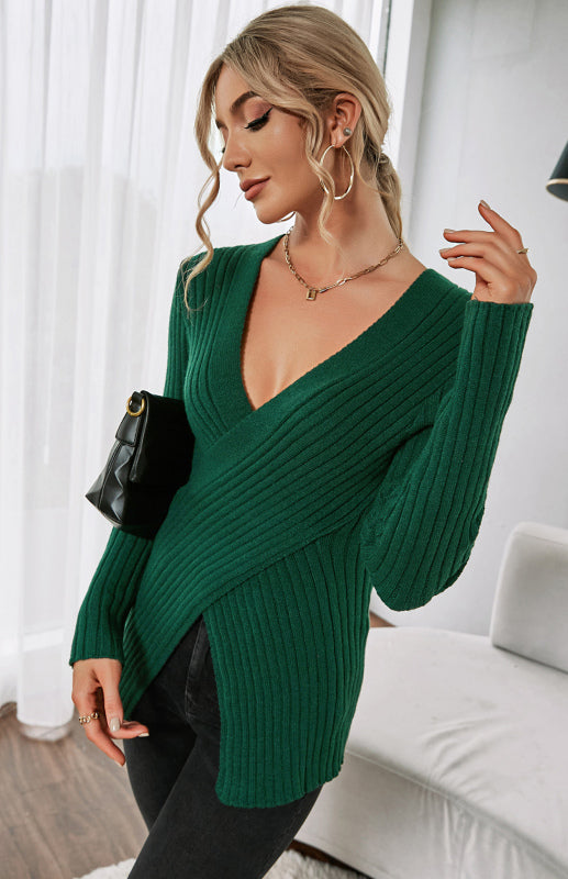 Women's V-Neck Pullover Cross Sweater