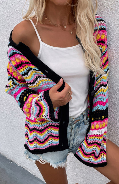 New Striped Loose Rainbow Knitted Cardigan