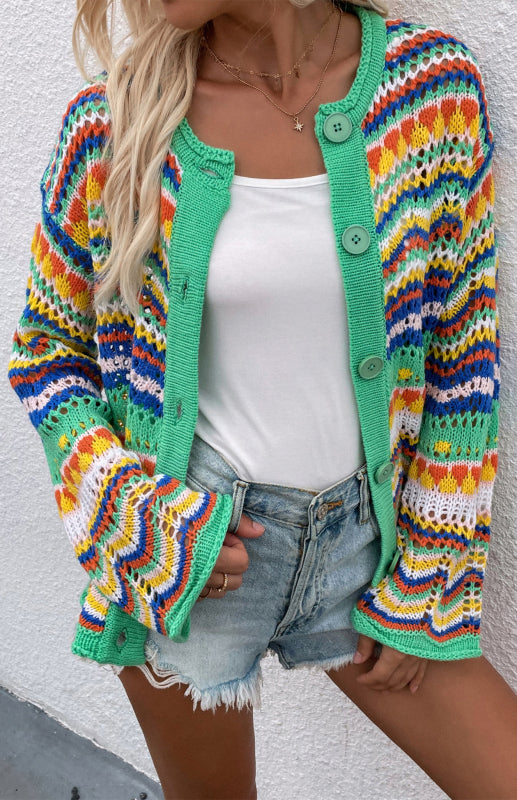 New Striped Loose Rainbow Knitted Cardigan