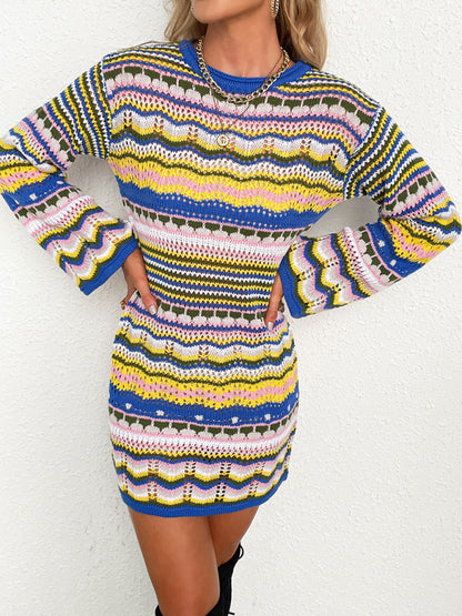 Women'S Rainbow Stripe Pullover Medium Length Sweater