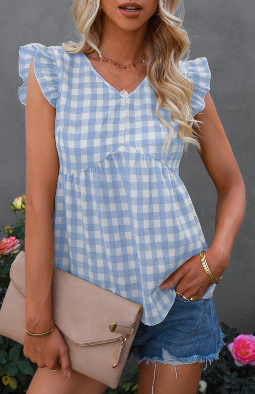 Women's Casual V-Neck Sleeveless Plaid Top