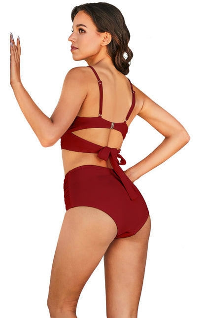 Sexy Stretch Gathered Without Underwire Adjustment Shoulder Strap Top & High Waist Bikini Set