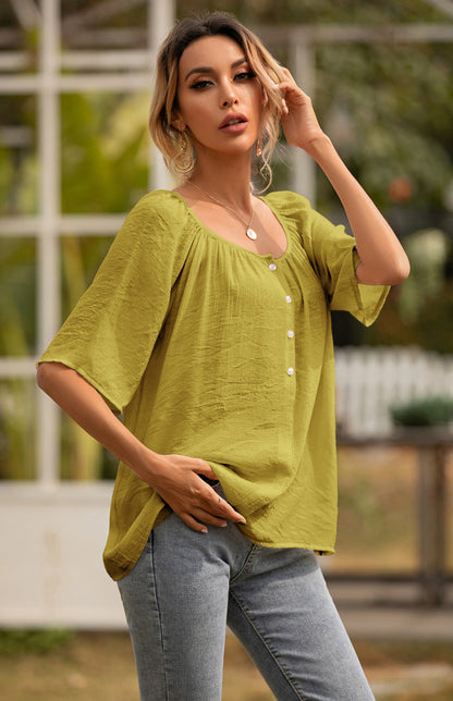 Women's Button Square Neck Loose Short Sleeve Shirt Top