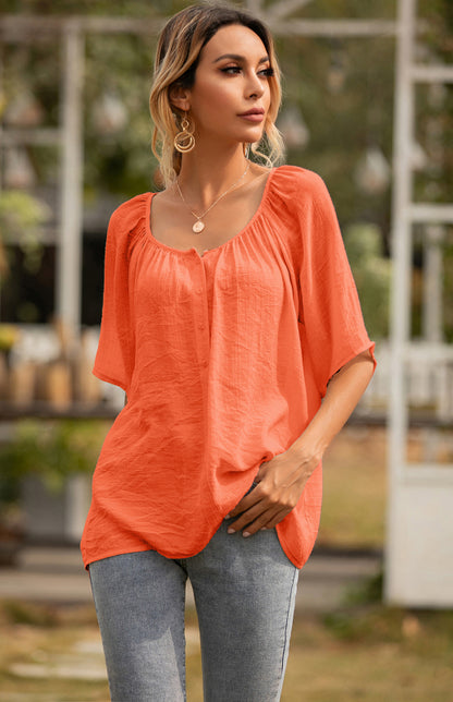 Women's Button Square Neck Loose Short Sleeve Shirt Top