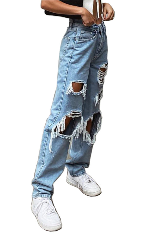 Ladies Ripped Wash Style Denim Trousers