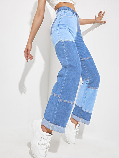 Ladies Colorblock Zip-Fly Straight-Leg Denim Trousers