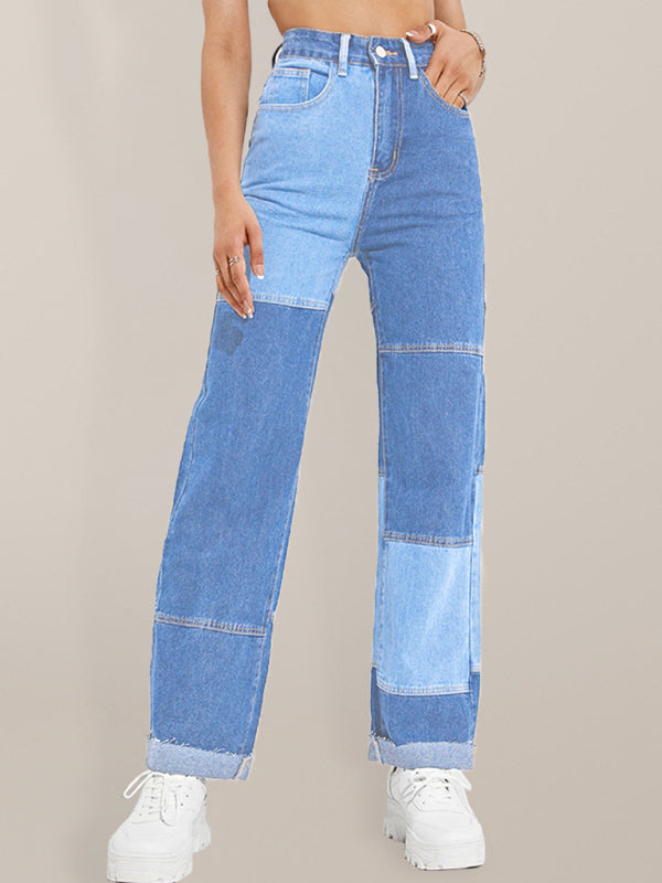 Ladies Colorblock Zip-Fly Straight-Leg Denim Trousers