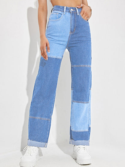 Ladies Colorblock Zip-Fly Straight-Leg Denim Trousers