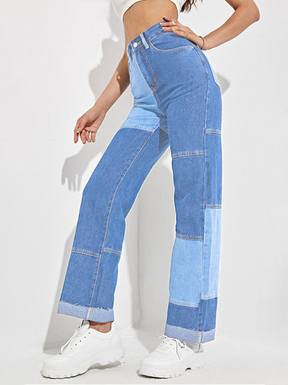 Ladies Colorblock Zip-Fly Straight-Leg Denim Trousers