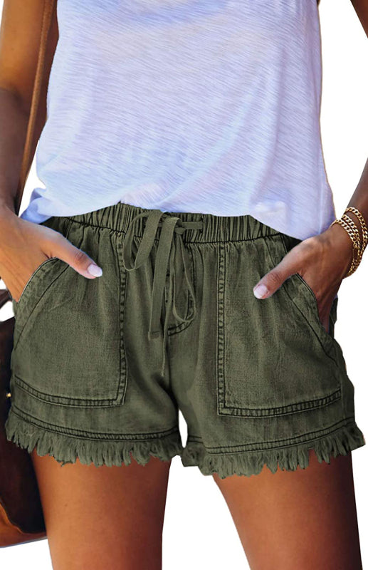 Women's Elastic Waist Drawstring Casual High Waist Slim Denim Shorts