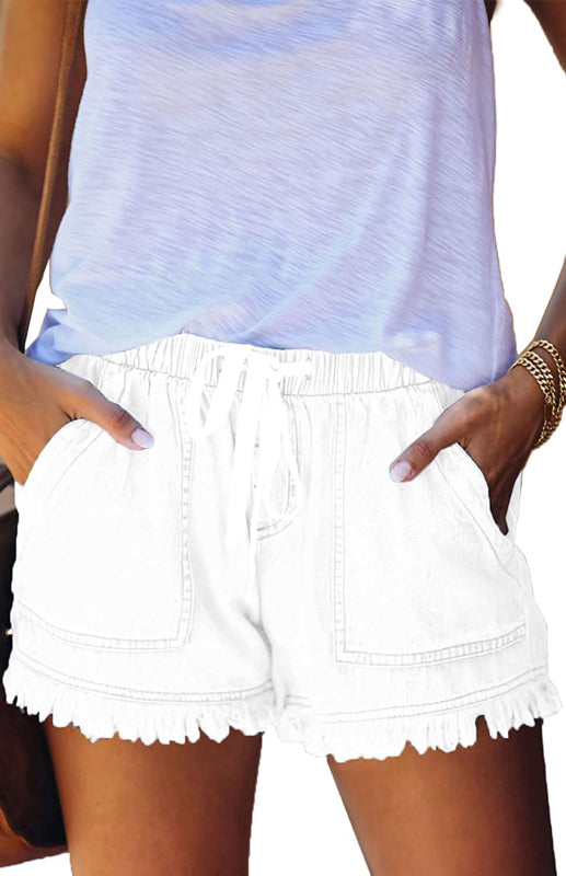 Women's Elastic Waist Drawstring Casual High Waist Slim Denim Shorts