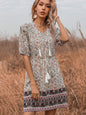 Slim Fit Fringed V-Neck Tie Floral Dress