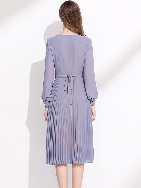 Women's V-Neck Long Sleeve Pleated Midi Dress