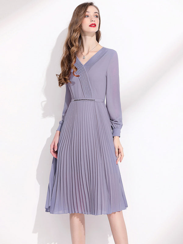 Women's V-Neck Long Sleeve Pleated Midi Dress