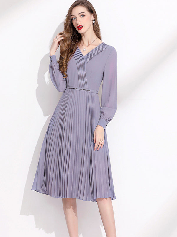 Women's V-Neck Long Sleeve Pleated Midi Dress