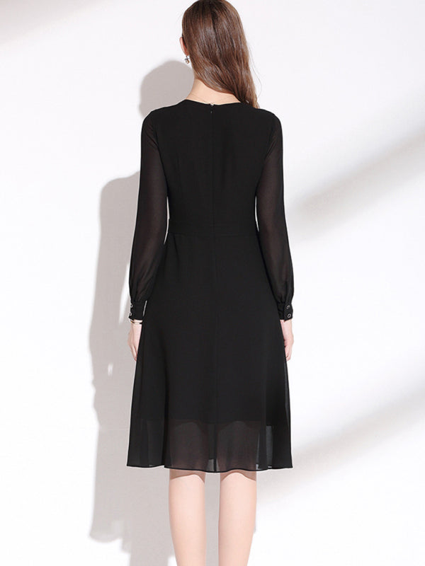 Women's Round Neck Long Sleeve Nipped Waist Chiffon Dress