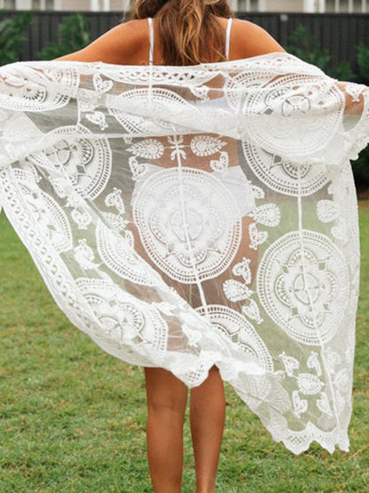 Embroidered lace bikini and mesh cardigan beach cover-up