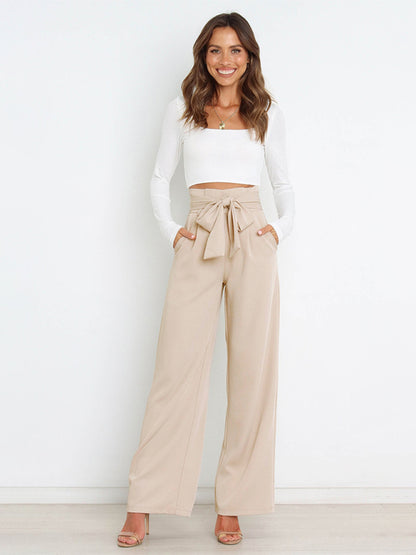 Women's Solid Color Casual All-Matching Belted Wide-Leg Trousers