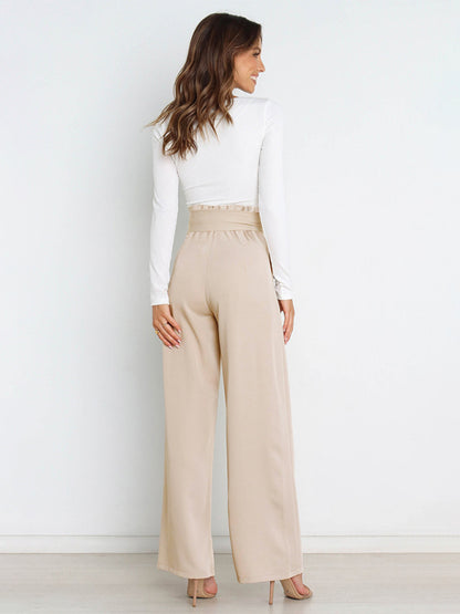 Women's Solid Color Casual All-Matching Belted Wide-Leg Trousers