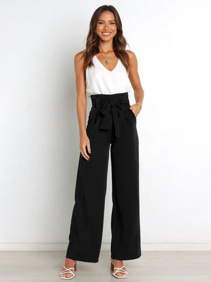 Women's Solid Color Casual All-Matching Belted Wide-Leg Trousers