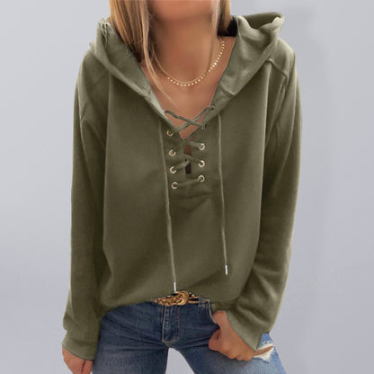 Women's Knit Solid Eyelet Lace-Up Hoodie