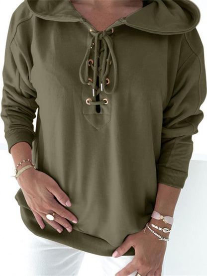 Women's Knit Solid Eyelet Lace-Up Hoodie