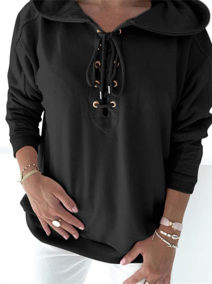 Women's Knit Solid Eyelet Lace-Up Hoodie