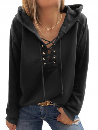 Women's Knit Solid Eyelet Lace-Up Hoodie