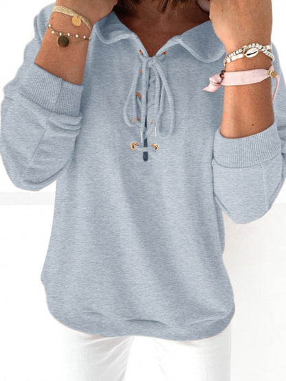 Women's Knit Solid Eyelet Lace-Up Hoodie