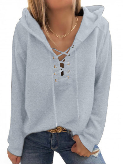 Women's Knit Solid Eyelet Lace-Up Hoodie