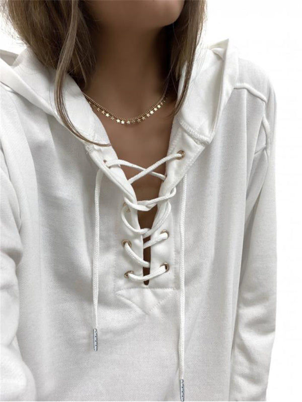 Women's Knit Solid Eyelet Lace-Up Hoodie