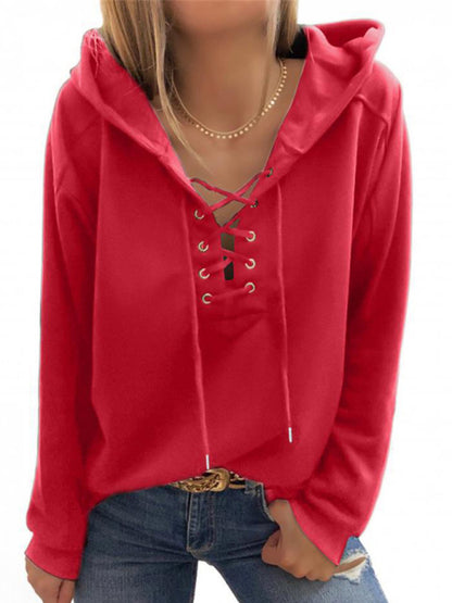 Women's Knit Solid Eyelet Lace-Up Hoodie