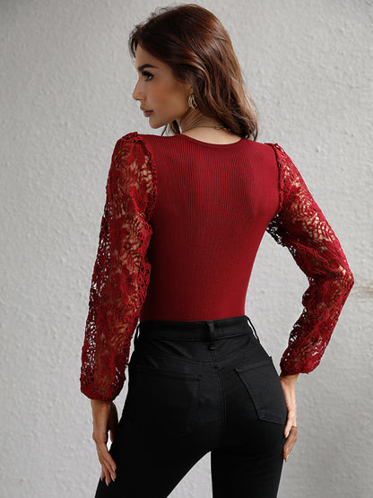 Women's Solid Color Embellished Lace Sleeve Sweater