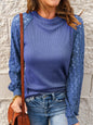 Women's Solid Color Lace Long Sleeve Knit Blouse