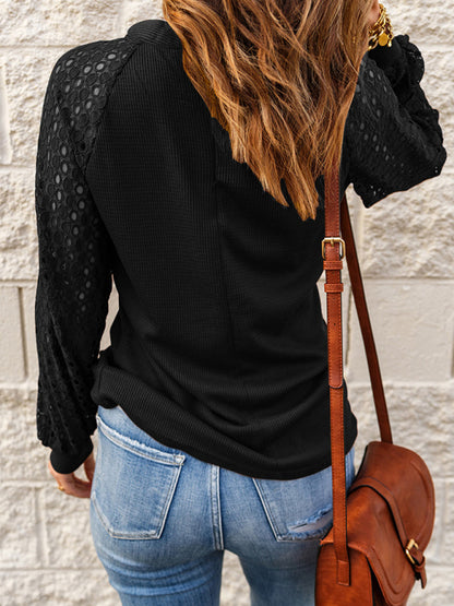 Women's Solid Color Lace Long Sleeve Knit Blouse