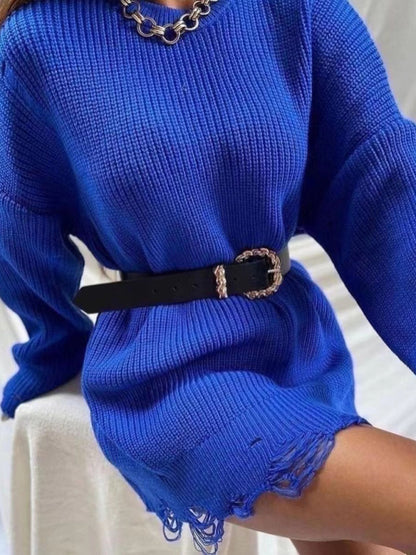 Women's solid color crew neck ripped sweater dress