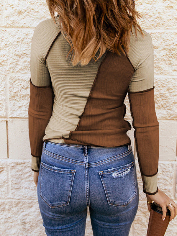 Women's Top Has A Color Block Exposed Stitching Details