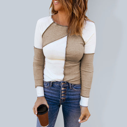 Women's Top Has A Color Block Exposed Stitching Details