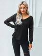 Women's Solid Color V Neck See Through Striped Long Sleeve Shirt