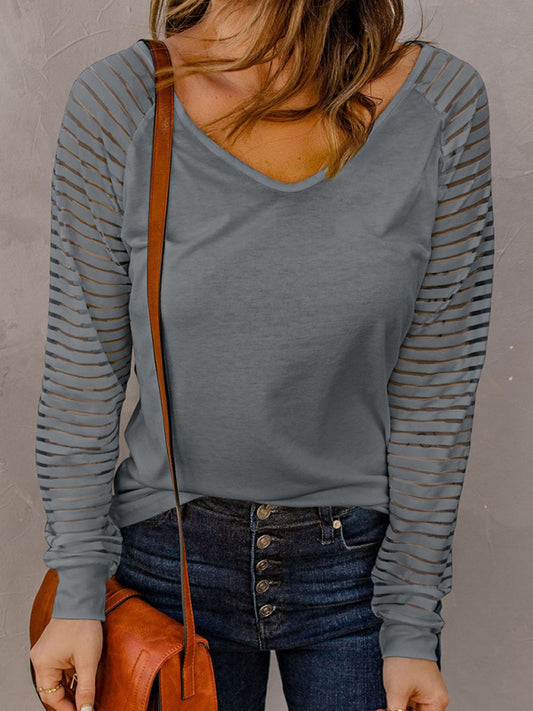 Women's Solid Color V Neck See Through Striped Long Sleeve Shirt