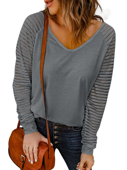 Women's Solid Color V Neck See Through Striped Long Sleeve Shirt