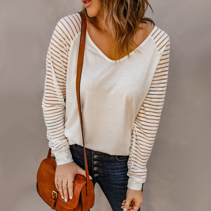 Women's Solid Color V Neck See Through Striped Long Sleeve Shirt