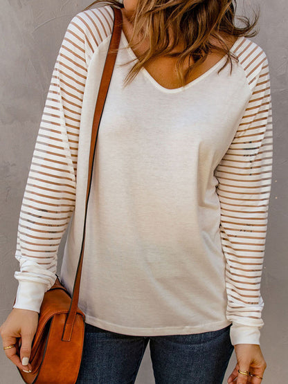 Women's Solid Color V Neck See Through Striped Long Sleeve Shirt