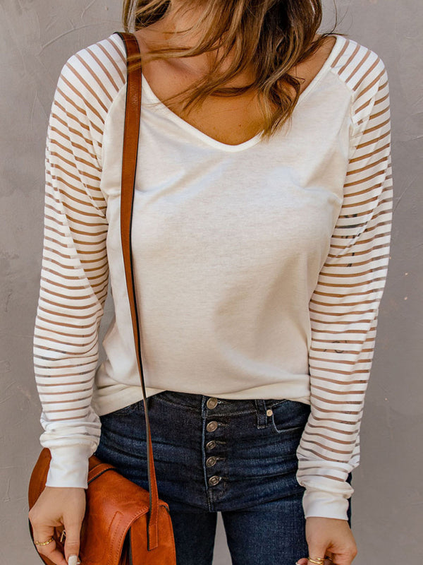 Women's Solid Color V Neck See Through Striped Long Sleeve Shirt