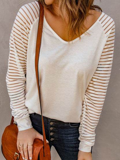 Women's Solid Color V Neck See Through Striped Long Sleeve Shirt